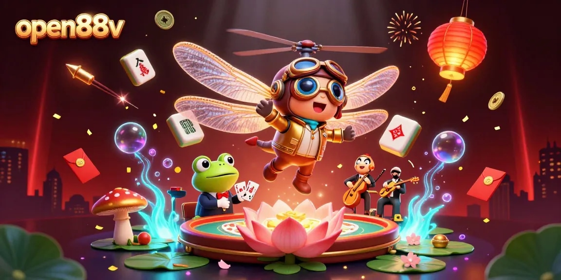 Experience thrilling gameplay at open88v with vibrant casino-themed 3D illustration featuring unique characters and dynamic elements.