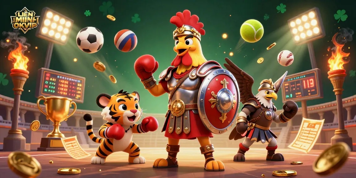 Experience the excitement of LIÊN MINH OKVIP with a dynamic 3D illustration showcasing casino elements and sports.