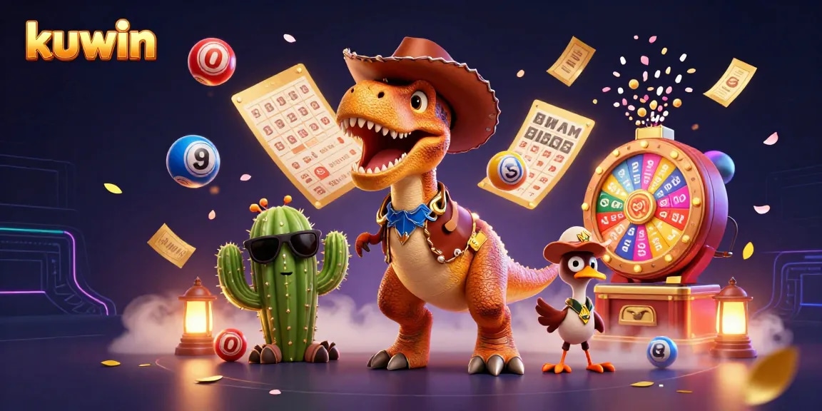 kuwin brings together a captivating scene with a dinosaur, cactus, and roadrunner amidst dynamic lottery elements.