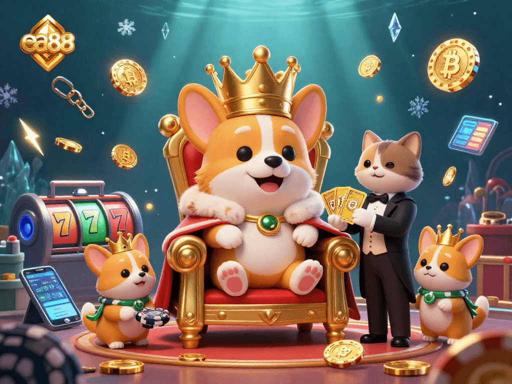 Experience thrilling gaming at ea88 with a royal corgi on a poker chip throne and vibrant slot elements.