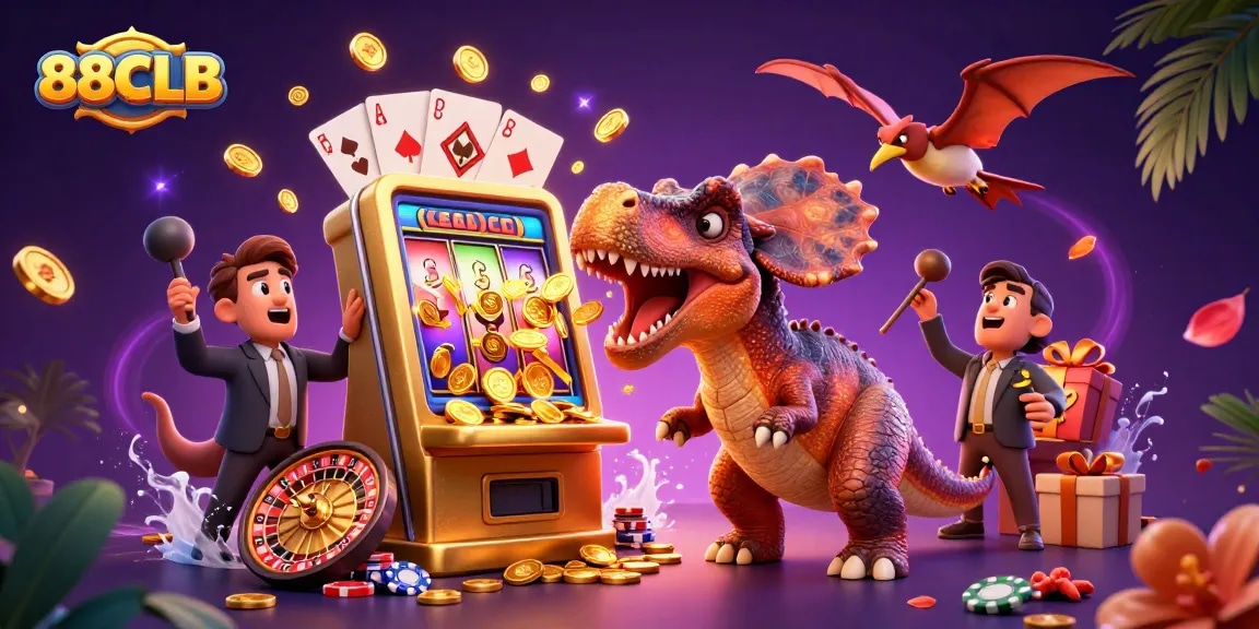 88CLB highlights a 3D pachycephalosaurus celebrating jackpot wins amidst casino elements.