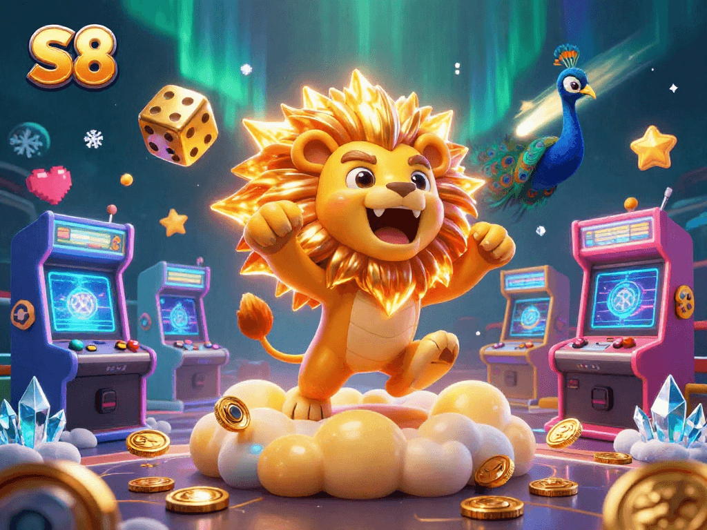 Engage with S8's thrilling gaming experience featuring the sun lion, golden dice, and arcade elements.