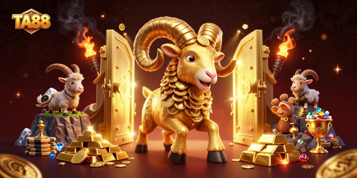 Engage in thrilling gameplay with TA88 featuring a golden ram amidst treasure in an exciting casino scene