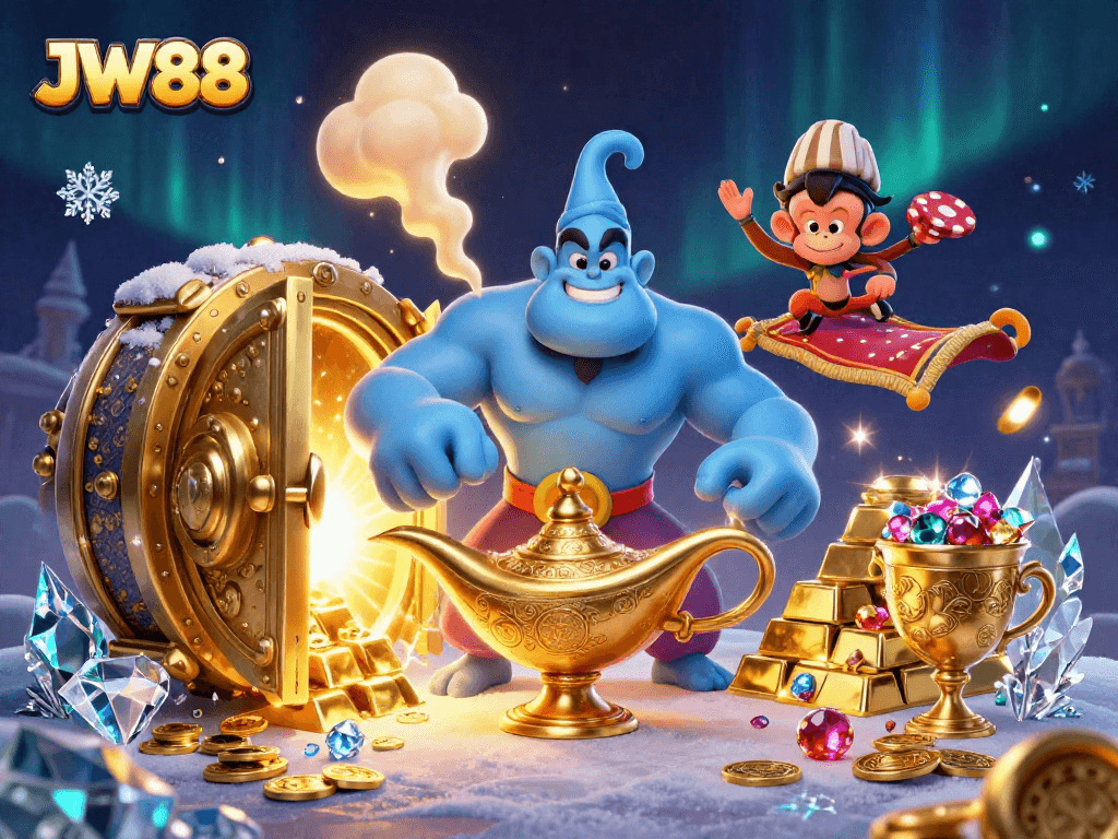JW88 showcases an energetic illustration of a genie, monkey, and magic carpet with abundant treasure.