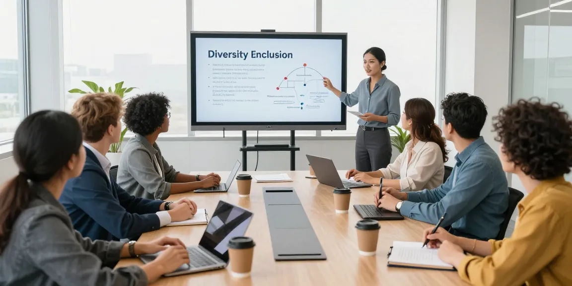Diverse professionals tijdens training over diversiteit en inclusie in moderne kantooromgeving.