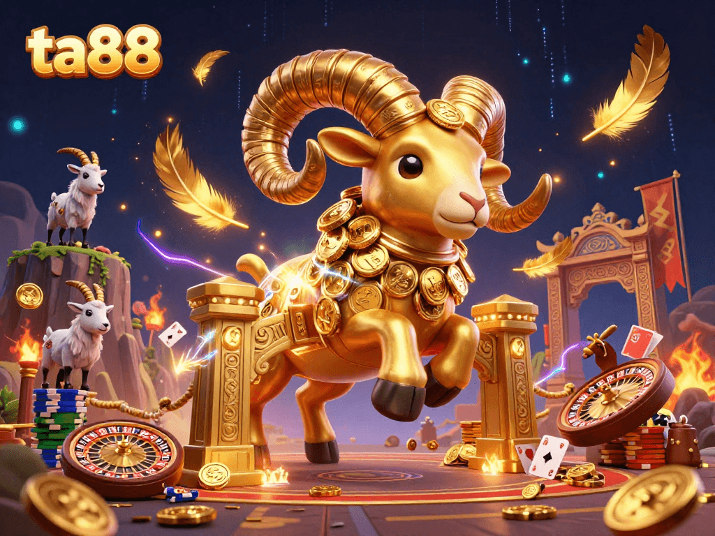 Experience thrilling gameplay with ta88, featuring a golden ram amidst vibrant casino elements.