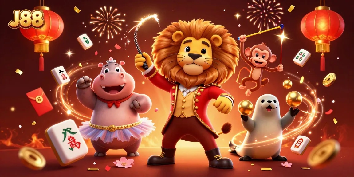 Experience the vibrant J88 casino scene with animated characters and festive elements.