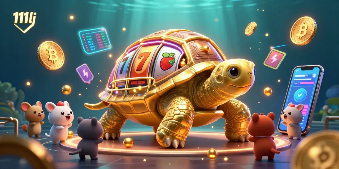 Spin to win with 111lj in a lively casino scene featuring a golden tortoise and crypto coins