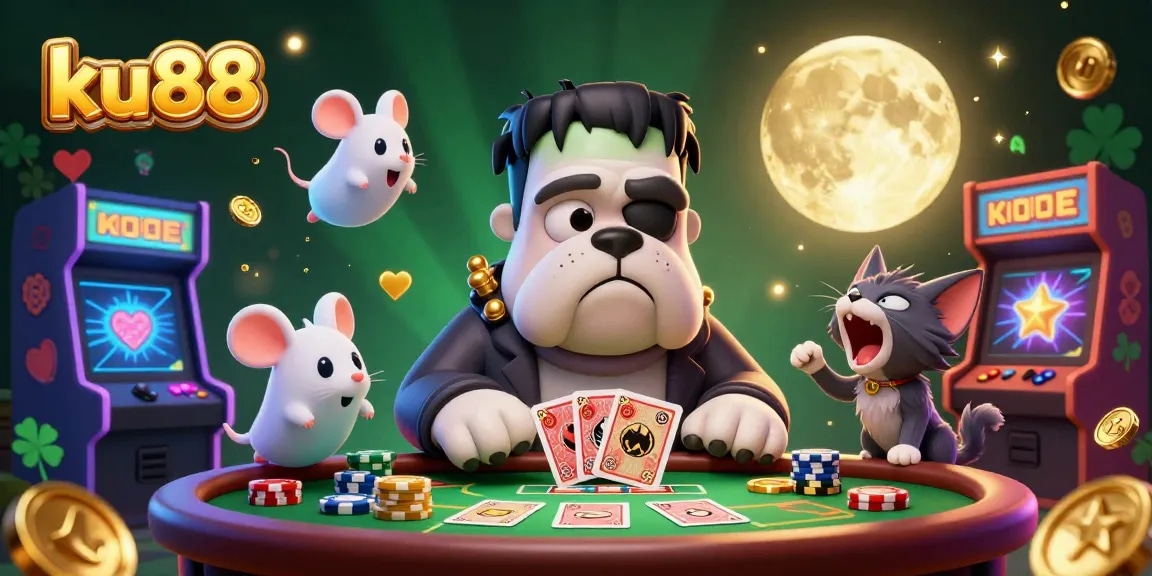 Engage with ku88 as a Frankenstein bulldog dealer entertains players at a lively casino table.