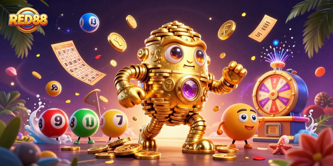 Play thrilling games at RED88 with exciting elements like golden golem and vibrant lottery balls.