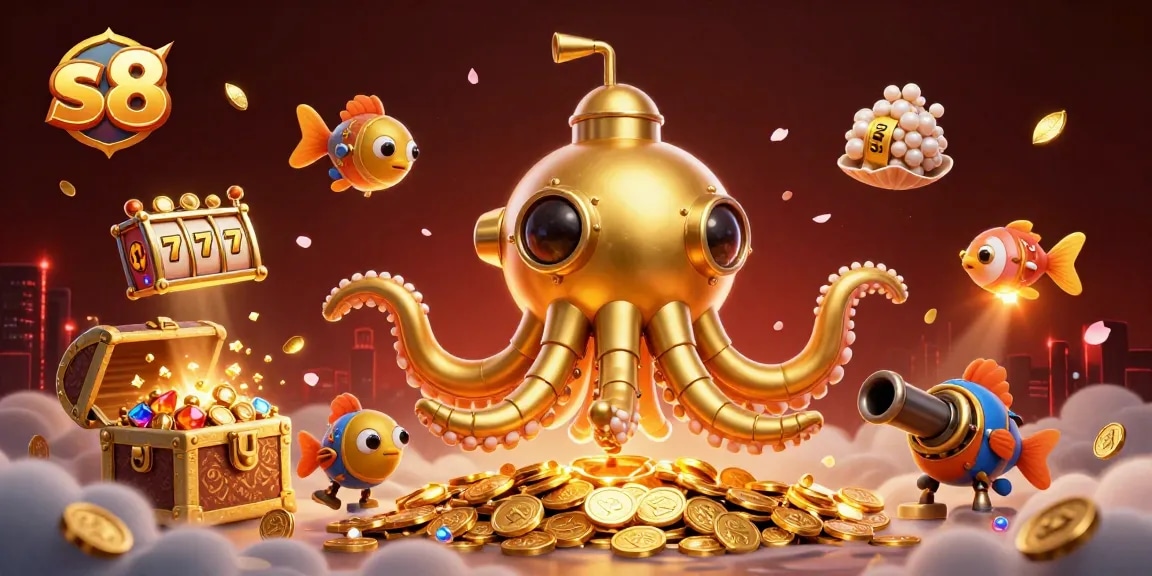 S8 showcases an exciting slot adventure with a kraken submarine among golden coins and treasure, inviting players to engage.