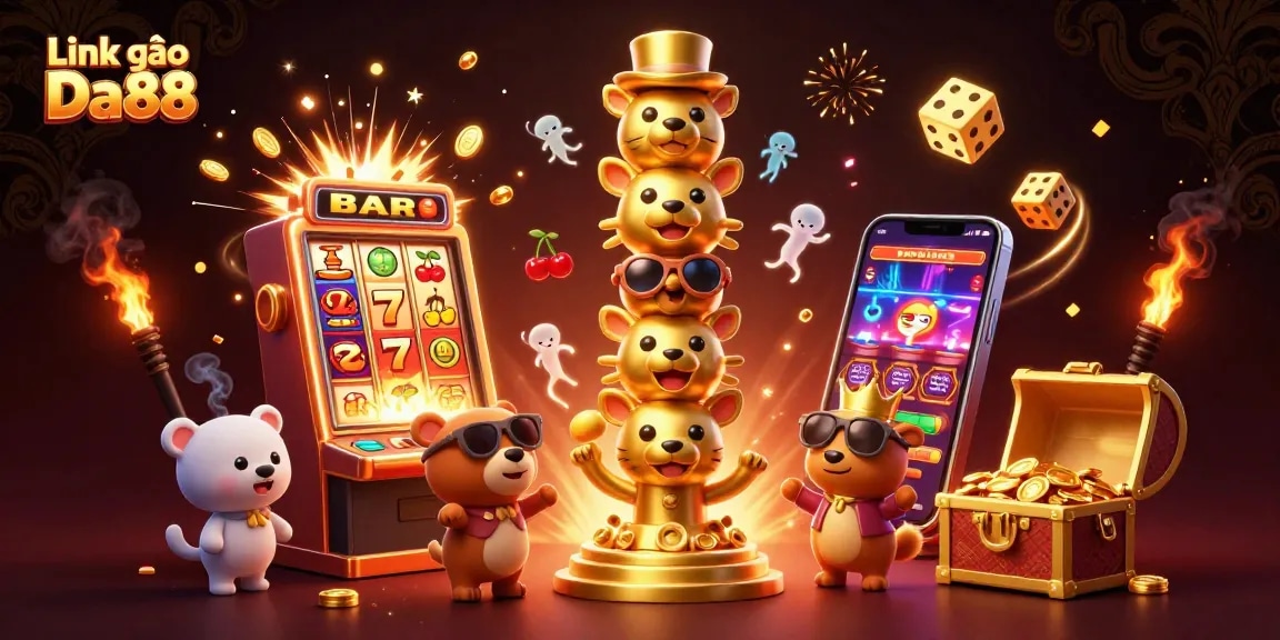 Engage with Link vào Da88 and explore exciting games in this vibrant casino illustration.
