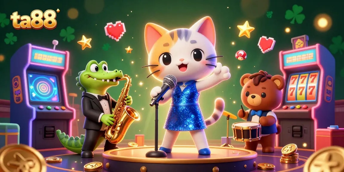 Engage with thrilling ta88 gaming moments featuring a jazzy cat, croc, and bear in a vibrant casino scene.
