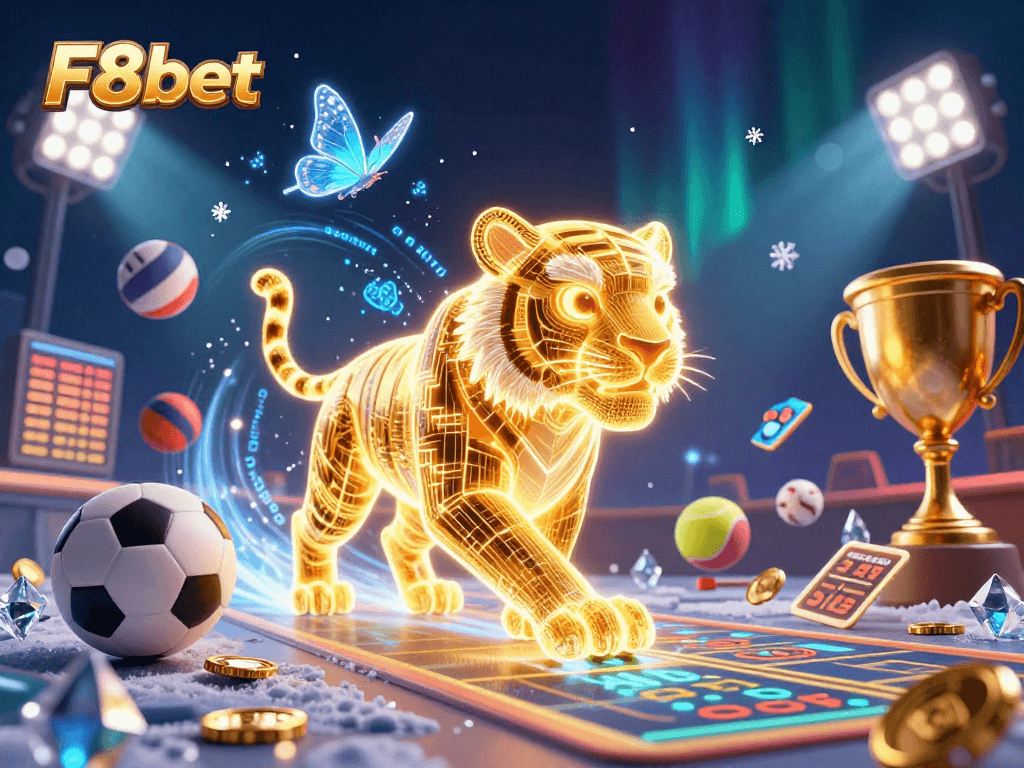 Win big at F8bet with our vibrant digital casino featuring a golden tiger and holographic elements.