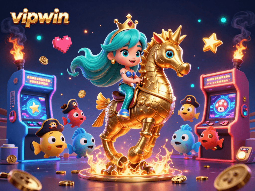Experience thrilling gameplay at vipwin with a joyful mermaid and seahorse amid vibrant casino elements.