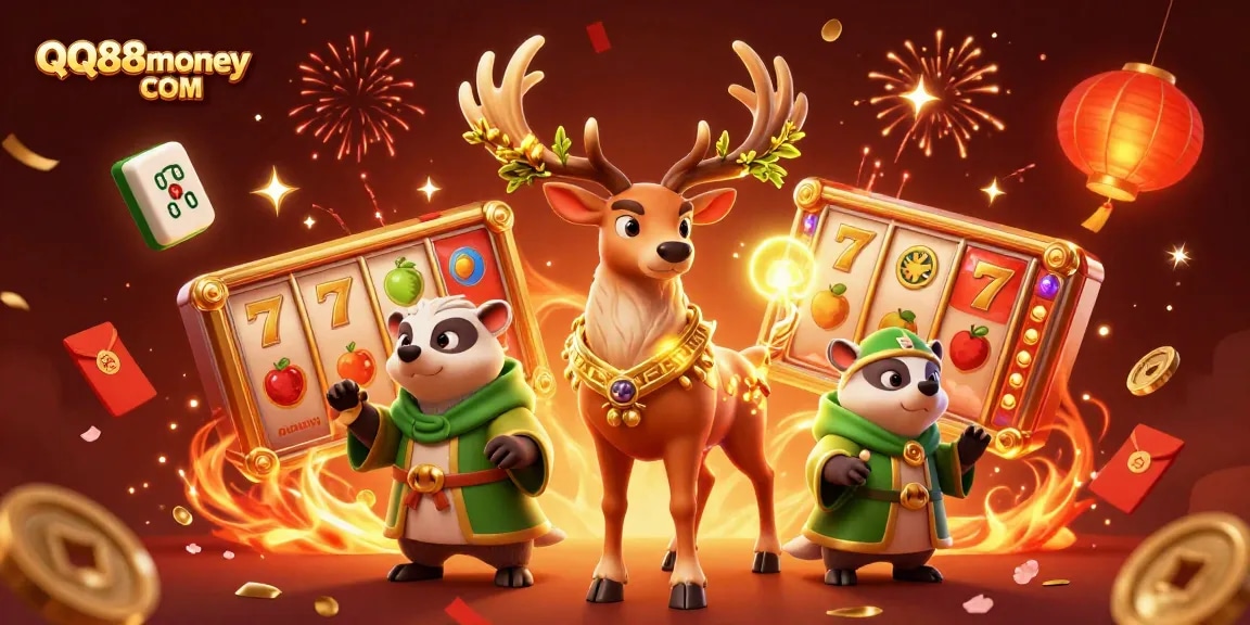 Experience thrilling gaming at QQ88money COM with captivating 3D casino characters surrounded by vibrant slot elements.