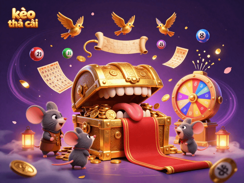 Engage with the kèo nhà cái scene showcasing a golden treasure chest that entices adventurers, filled with dynamic lottery elements.