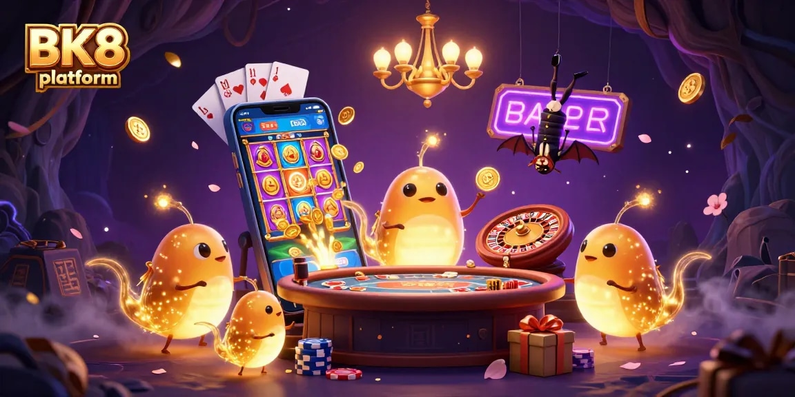 Engage in fun at the BK8 platform with glowing creatures lighting up a vibrant casino scene.