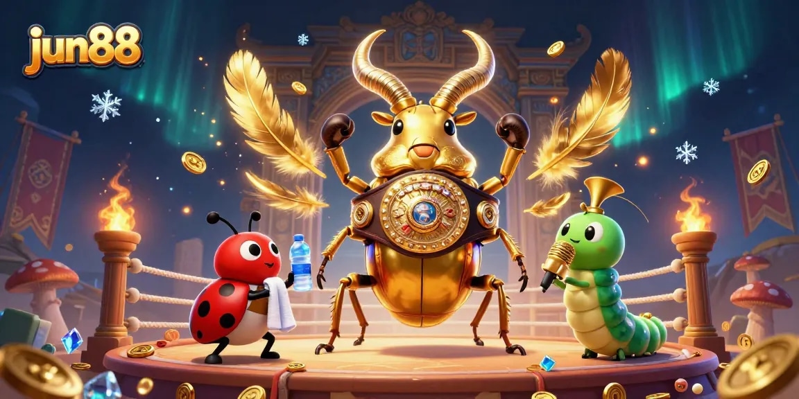 Experience winning strategies at jun88 with a vibrant scene showcasing a golden stag beetle boxing.