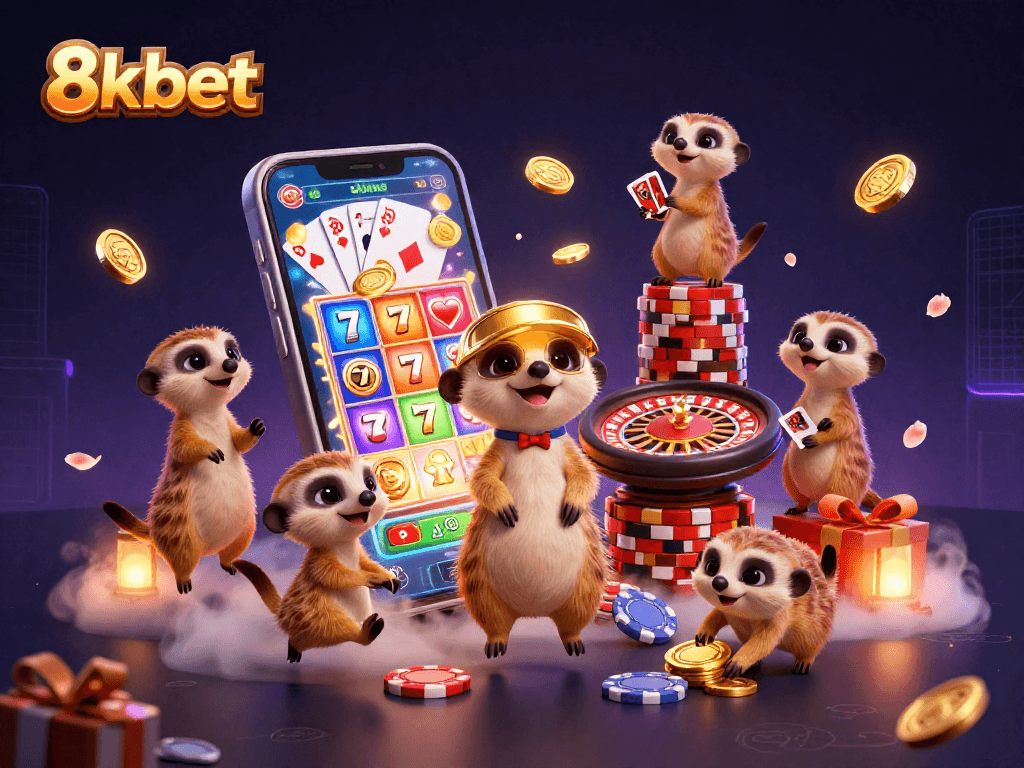Engage with 8kbet through lively meerkats operating a casino, showcasing vibrant gaming elements.