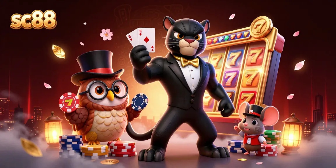 Experience vibrant casino excitement with sc88 as a panther deals cards among lucky gaming symbols.