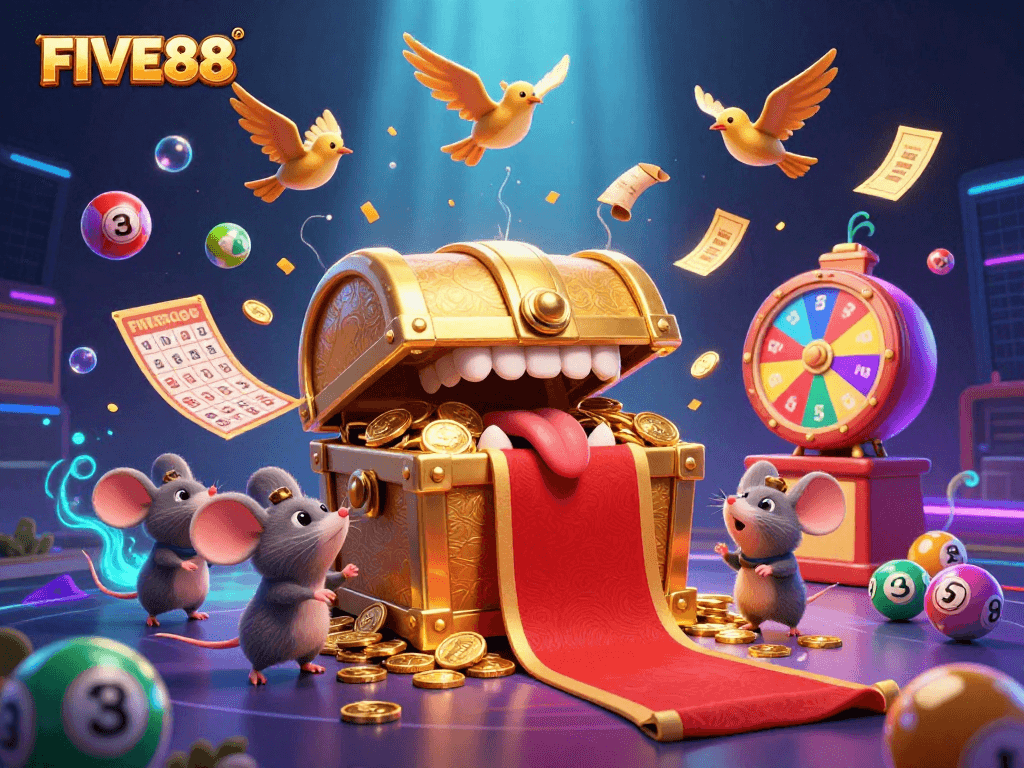Join FIVE88's thrilling adventure with a treasure chest and vibrant casino elements, engaging players in lottery excitement.