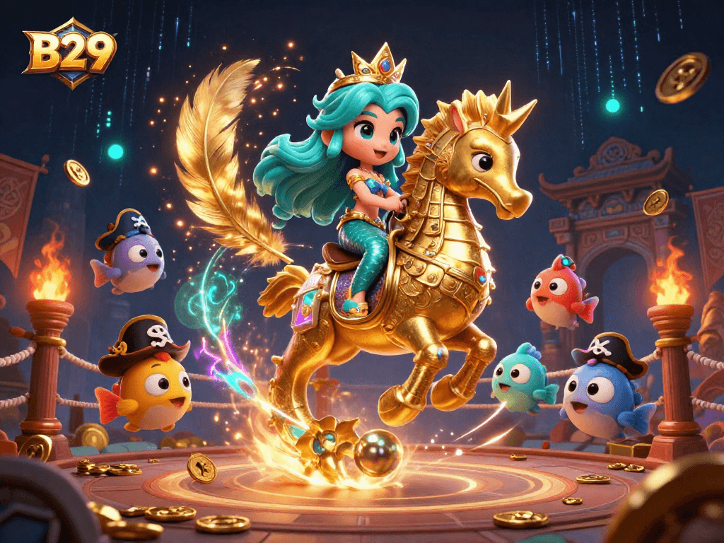 Engage with B29’s exciting world featuring a golden mermaid princess and her colorful fish companions riding a seahorse in a lavish casino scene.