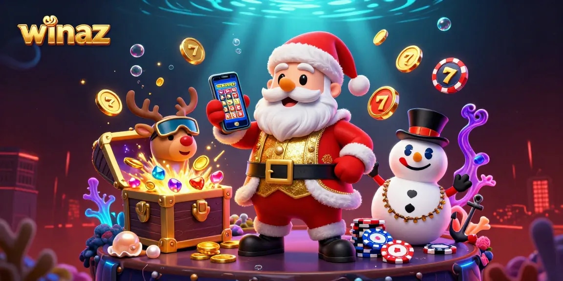 Winaz casino image with Santa Claus and friends celebrating jackpot slots in a vibrant underwater scene.