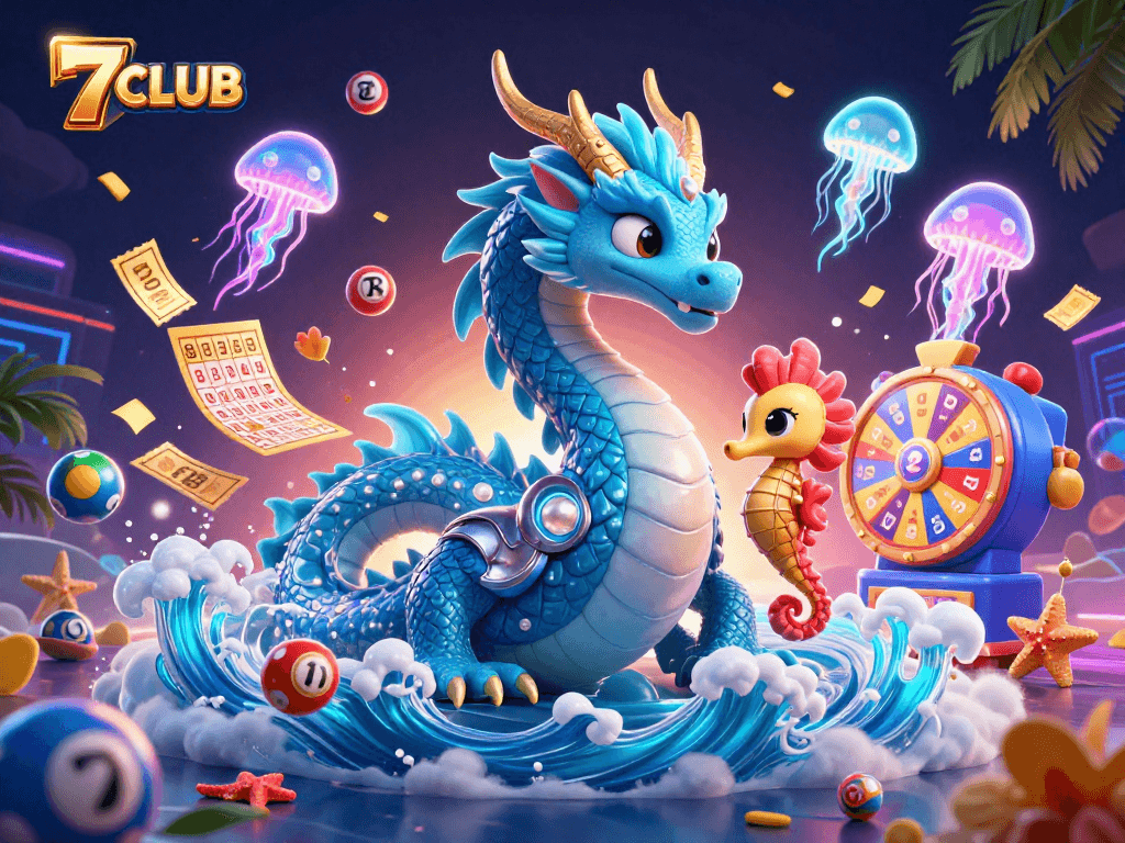 Experience exciting gaming at 7CLUB with dynamic scenes of animated characters and vibrant prizes.