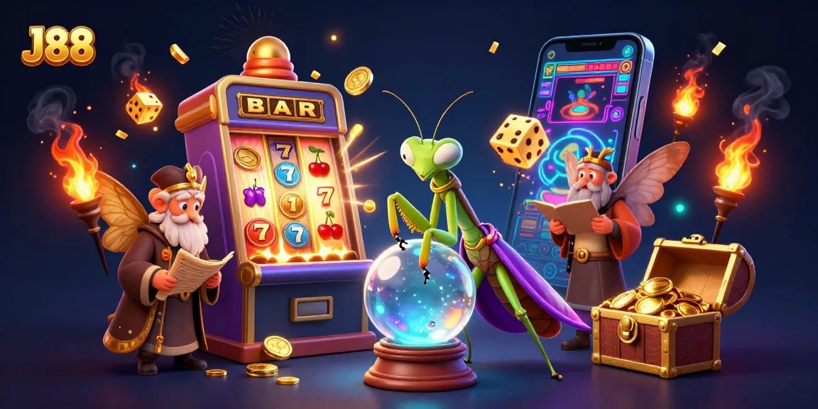 Engage with J88 slots as fortune tellers reveal jackpot secrets in a vibrant casino scene.