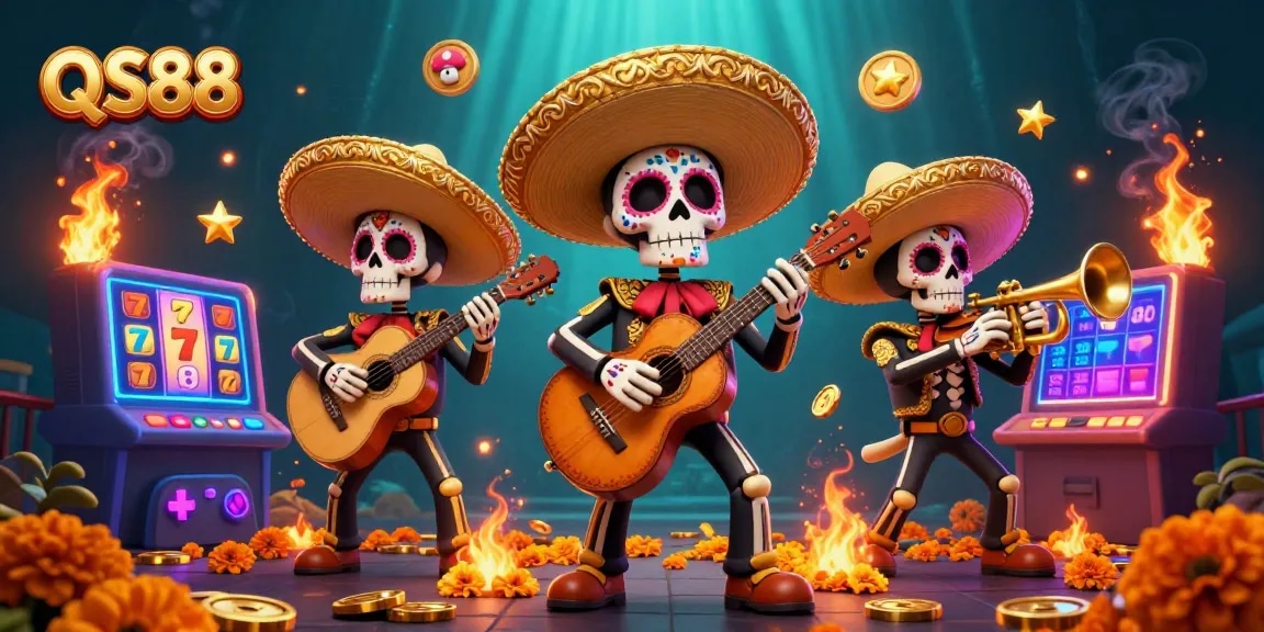 Các thành viên trong ban nhạc mariachi Dia de los Muertos mang sắc màu sống động tại QS88 cùng máy đánh bạc hấp dẫn