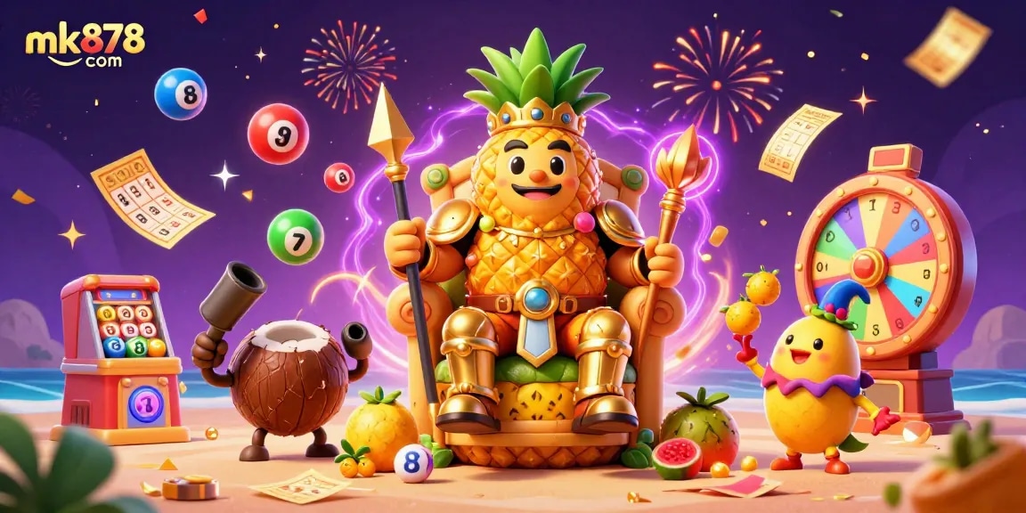 Experience thrilling games at mk878 com with colorful lottery balls and exciting casino elements in this vibrant illustration.