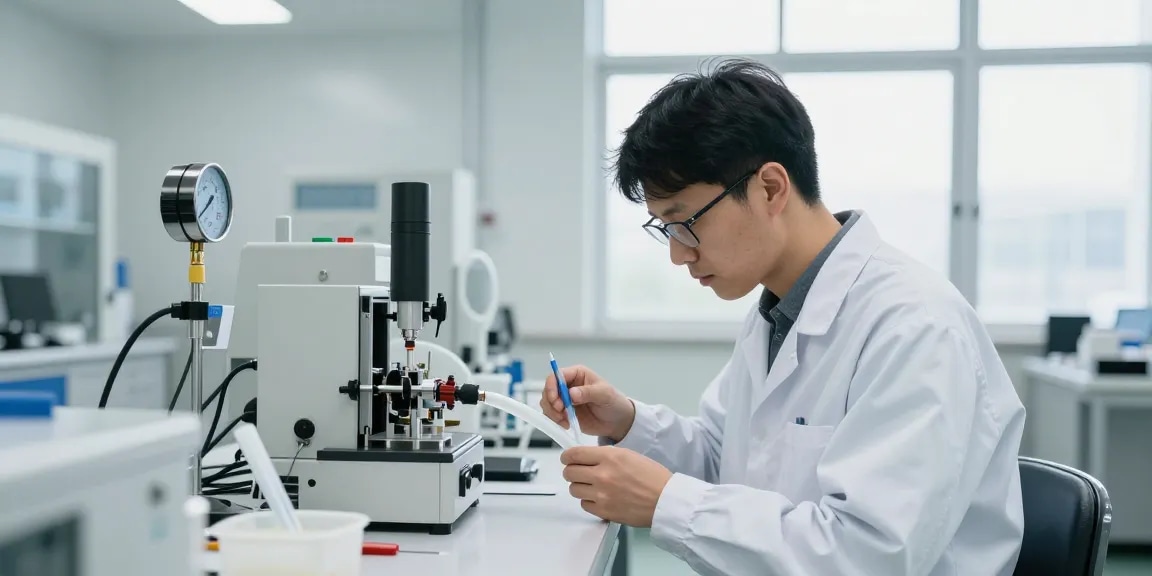 Technicus inspecteert FEP-tubes in een schone ruimte met precisiegereedschap.