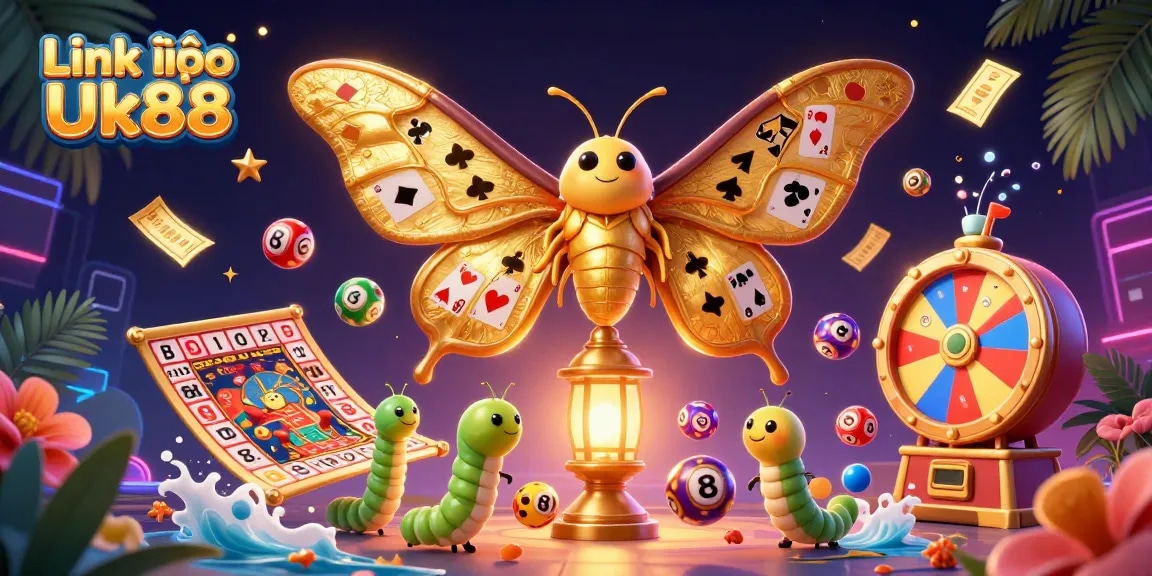 Experience the excitement of Link vào Uk88 with vibrant lottery balls and a majestic atlas moth illustration.
