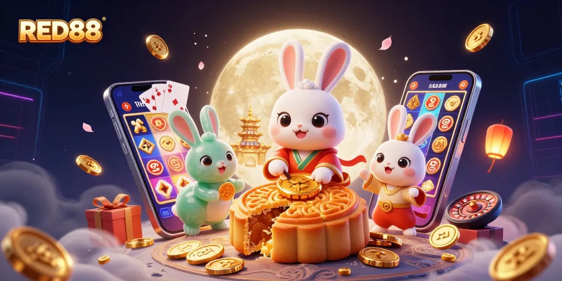 Experience your gaming potential with RED88 as the moon rabbit plays among riches and gambling icons.