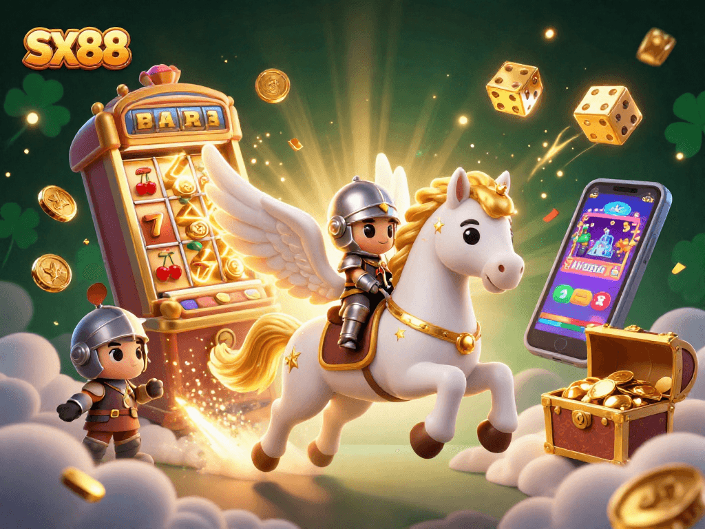 SX88 transforms the gaming scene with a celestial character and colorful casino elements thriving amidst a jackpot explosion.