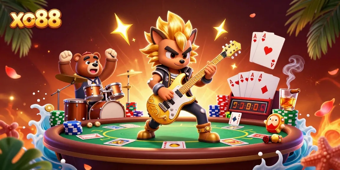 Exciting scene at xo88 casino featuring a rock star wolf and drummer bear surrounded by poker elements and vibrant decorations.