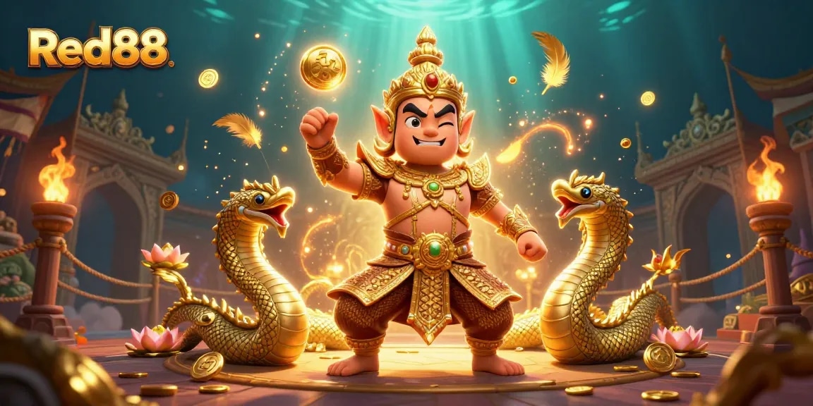 Engage with Red88's thrilling casino atmosphere featuring dynamic 3D characters, golden tokens, and vibrant visuals.