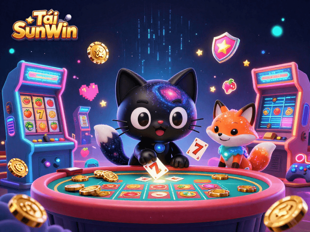 Tải SunWin brings excitement to a cosmic casino table featuring vibrant characters, dynamic game elements, and a galaxy backdrop.