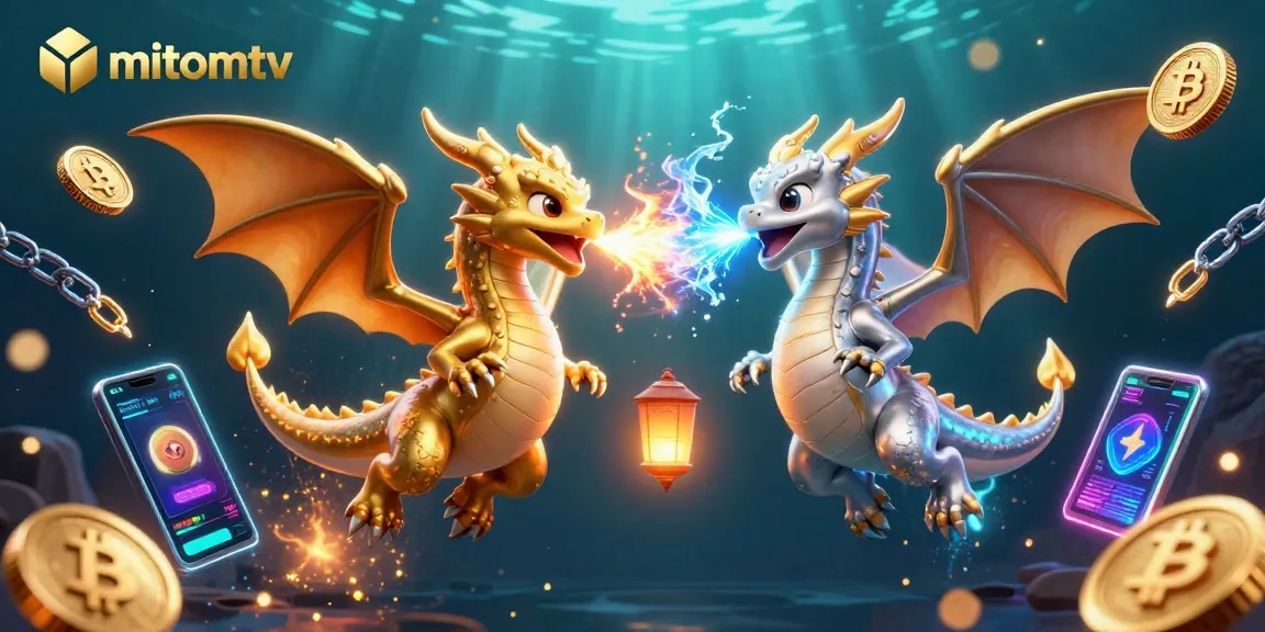 Engage with mitomtv's thrilling dual-action scene of dragons and vibrant crypto elements.