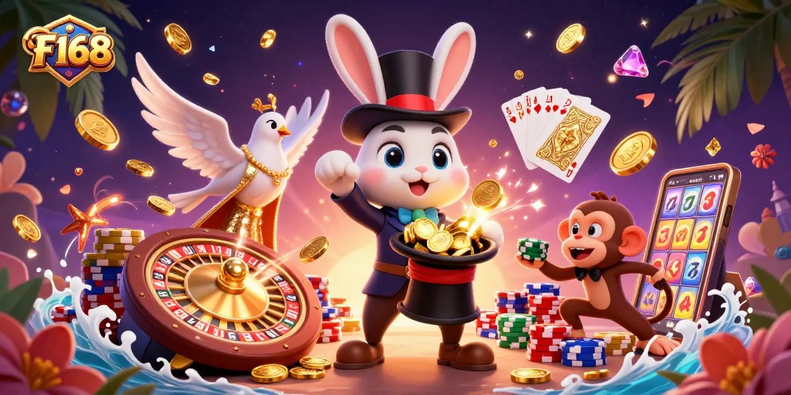 Experience thrilling games at F168 with a magician rabbit pulling coins and poker chips!