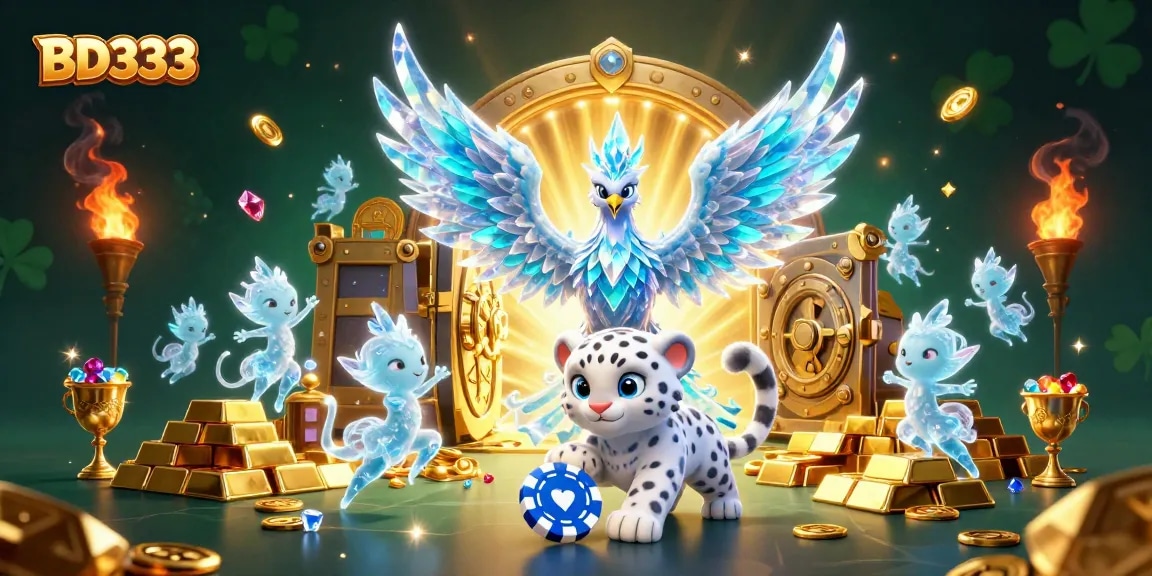 Engage with BD333 through this vibrant 3D casino illustration depicting enchanting characters and treasures.