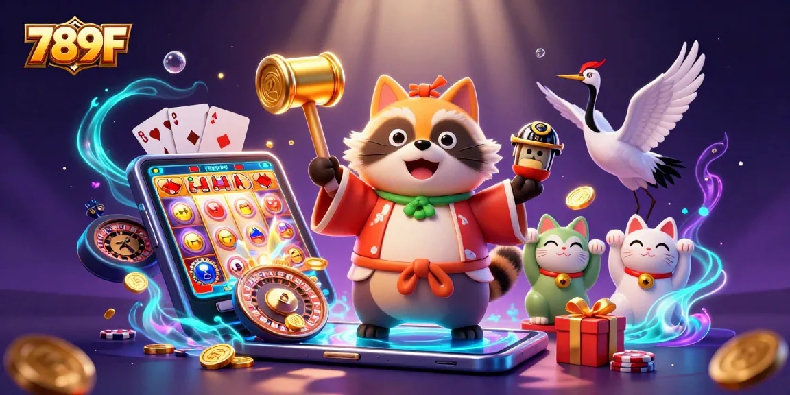 Engage with 789F's vibrant digital casino world featuring a cheerful tanuki and lucky symbols.