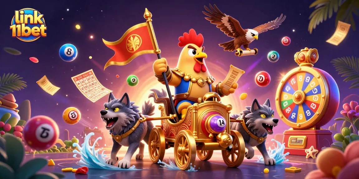 Experience the thrill of link 11bet as the rooster warlord and wolves dominate a vibrant casino scene.