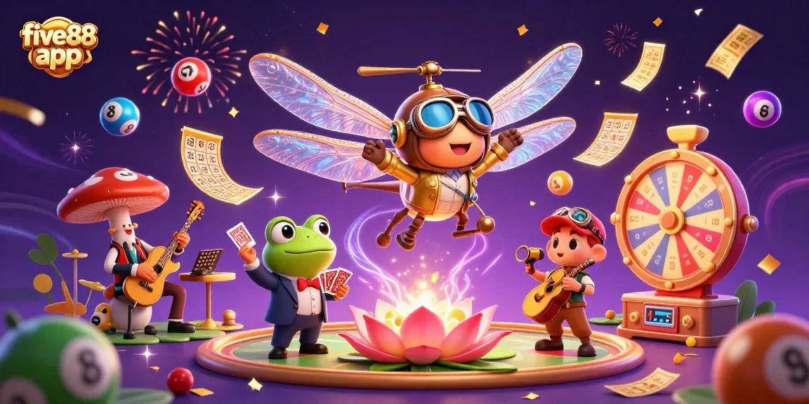 Experience the excitement of the five88 app with a jazzy casino scene featuring a frog croupier.