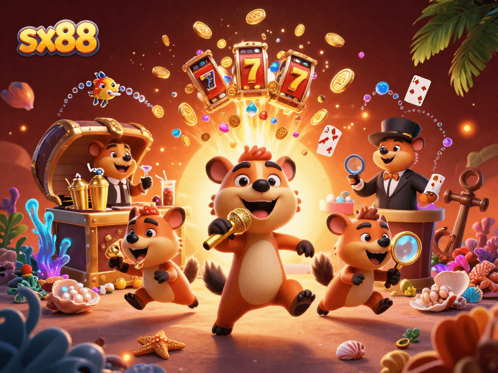 SX88 hyenas bring laughter in a vibrant casino scene, showcasing exciting gaming dynamics.