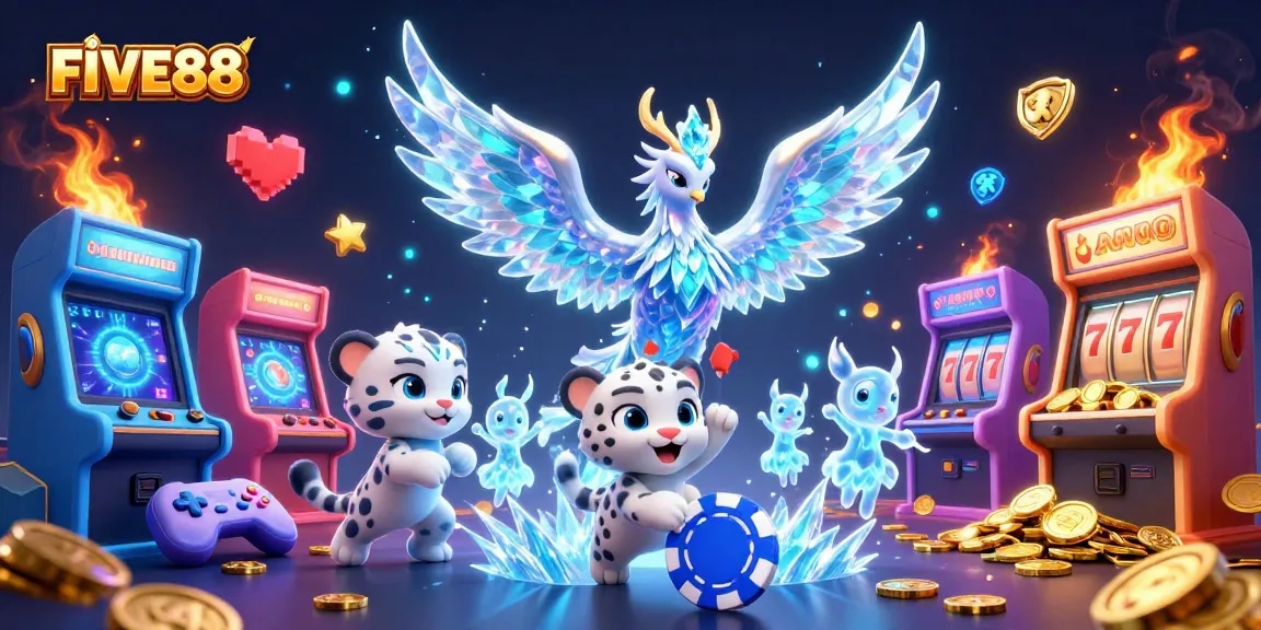 FIVE88 brings excitement to the table with an enchanting 3D casino scene filled with vibrant characters and game elements.