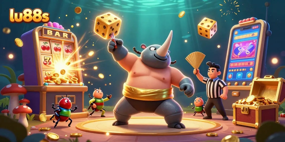 Experience the excitement of lu88s with a cartoon rhinoceros beetle champion gaming amidst overflowing jackpots and vibrant casino elements.