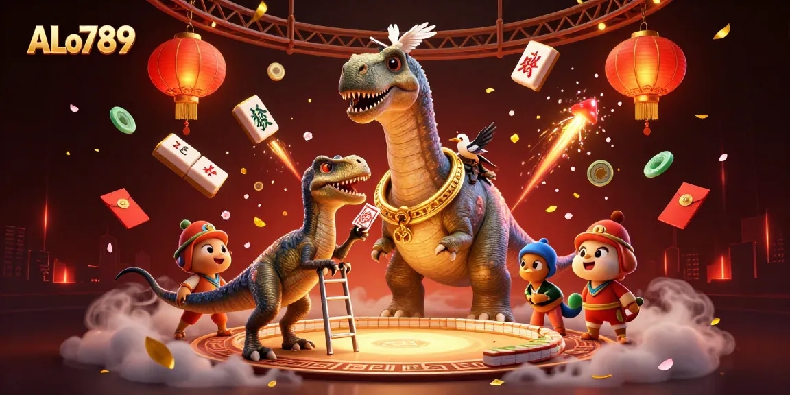 Experience ALo789 as towering dinosaurs entertain players amid vibrant cockfighting excitement.