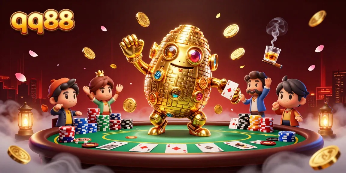 Experience thrilling gameplay at qq88 with a vibrant poker scene featuring animated golden golem.